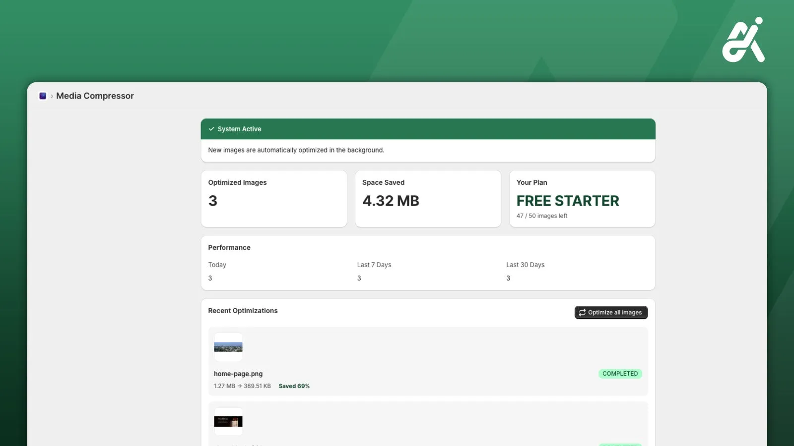 Auto Media Optimizer dashboard